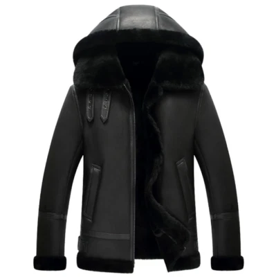 MENS BOMBER RAF B3 REAL LEATHER JACKET FLYING AVIATOR SHEEPSKIN BLACK HOODED - Image 1 of 3