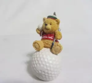 VINTAGE TEDDY BEAR GOLFER SITTING ON GOLF BALL RESIN ORNAMENT - Picture 1 of 5