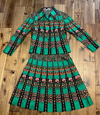 Vintage 2 Pc 60’s Skirt/Blouse,Small, Mod, Psychedelic, Green, Prada-esque, Rare - Image 1 of 4
