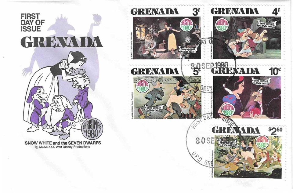 Grenada Disney FDC Christmas 1980 Snow White & 7 Dwarf ,set of 3 Covers -DI 5343 - Image 1 of 3