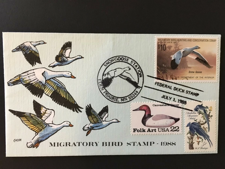 DUCK STAMP on Hand Painted Collins FDC, SNOW GOOSE, Migratory Bird Stamp, 1988 - Image 1 of 1