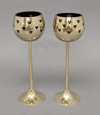 Votive Candle Holder Brass Red Glass Liner Heart Cutouts 3"D 9"High Set/2 - Image 1 of 4
