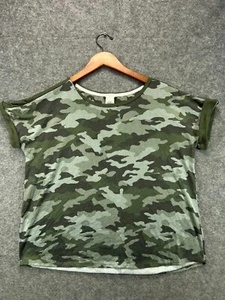 Lucky Brand Camo Crop T Shirt Womens XL Green Crew Tee Cuffed Short Sleeve - Picture 1 of 7