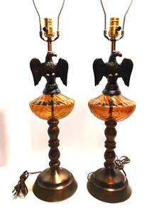 Vintage Mid-Century Eagle Lamps 29 " Pair Both Work Circa 1970's Amber Glass. - Picture 1 of 12