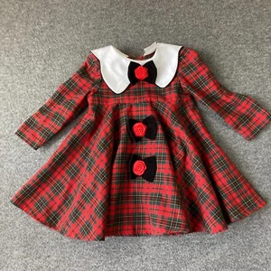 Vintage Rare Editions Plaid Christmas Holiday Dress Girls 3T Bows - Picture 1 of 10