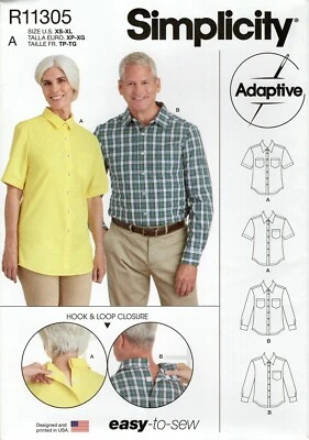 Simplicity R11305 ADAPTIVE Classic Button Shirt w Open Back UNISEX XS-XL S9487 - Image 1 of 4