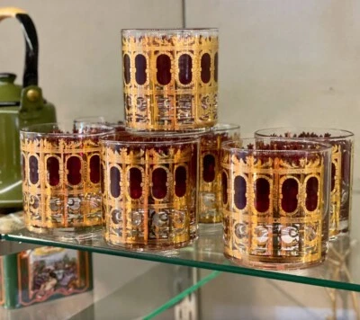 (7) VNTG CULVER CRANBERRY 24k GOLD SCROLL OLD FASHIONED GLASSES SIGNED-EXCELLENT - Image 1 of 4