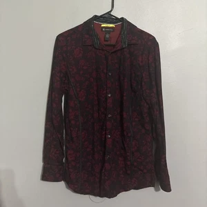 INC Burgunderrot Paisley Blumen Flock On Marine Herren LS Knopfleiste Hemd Retro Rock Medium - Bild 1 von 10