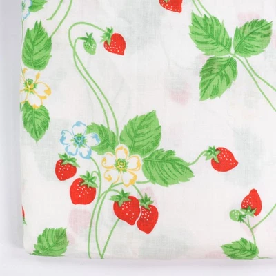 Vtg Full Flat Bed Sheet Fabric Cute Strawberries Strawberry Floral 1970s Green - Image 1 of 4
