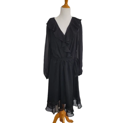 City Chic Faux Wrap Dress Ruffled Black Witchcore Belted Chiffon Women 20 - Image 1 of 4