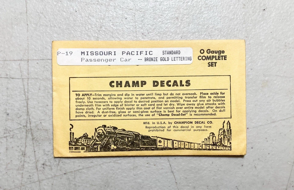 NEW Champ Decals O Gauge Scale P-19 Missouri Pacific Passenger Car NEVER OPENED - Image 1 of 2