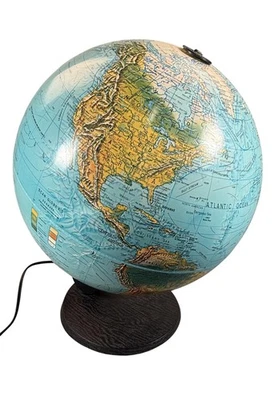 Vintage Lighted World Globe Raised Relief Illuminated Lamp Woodgrain Base Works - Image 1 of 4