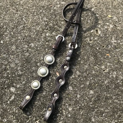 USED VINTAGE WESTERN LEATHER ALPACA MEXICO SILVER CONCHO SCALLOPED HEADSTALL - Image 1 of 4