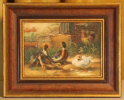 Kleines qualitätvolles Ölgemälde Enten Hühner - Bild 1 von 4