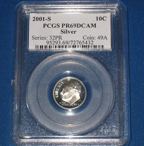 2001-S ROOSEVELT PROOF SLVR DIME-PCGS GRADED PF-69 DCAM - Picture 1 of 2