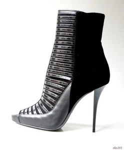 Botas al tobillo BALMAIN cuero negro patente terciopelo tacón estilo increíble nuevas $1295 - Imagen 1 de 7
