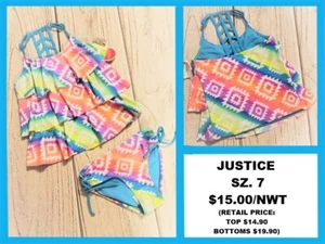 GIRLS SZ. 7 NWT JUSTICE MULTI-COLOR AZTEC PATTERN TANKINI SWIMSUIT (2 PIECES) - Picture 1 of 1