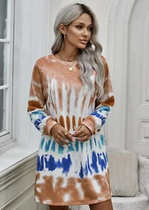 Neu Batik Langarm Sweatshirt Kleid Rundhalsausschnitt Freizeit Small 4-6 für Damen - Bild 1 von 4