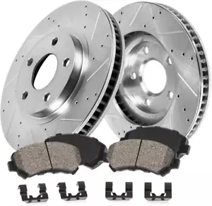 Callahan Front Drilled Slotted Brake Disc Rotors and Ceramic Brake Pads + Hardwa - Picture 1 of 5