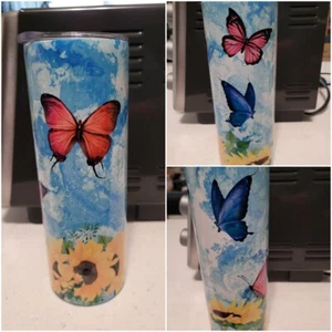 Butterfly's with Sunflowers sublimated on 20 oz stainless-steel skinny tumbler - Picture 1 of 4