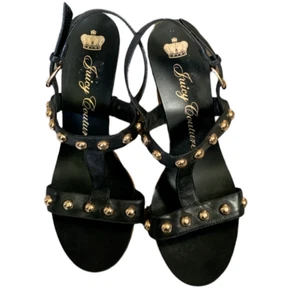 Juicy Couture Kipper Black Leather Cork Slingback Wedge Sandals Sz 8-1/2 M #42C - Picture 1 of 8
