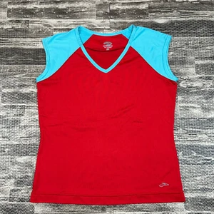 Brooks Womens Athletic Running Top Red and Blue V Neck Raglan Shirt size Small - Picture 1 of 8
