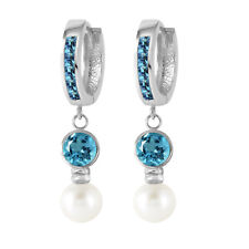 14K. GOLD HUGGIE EARRING WITH PEARLS & BLUE TOPAZ (White Gold)