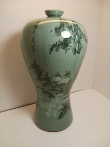 Koreanische Seladon Vase Crackle Glasur 14" Blumengarten, grün, rot, signiert - Bild 1 von 13