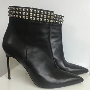 Manolo Blahnik Ankle Boot High Heel Pointed Toe Black Leather Silver Rock Studs  - Picture 1 of 12