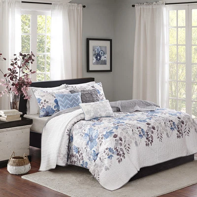 QUALITY BEAUTIFUL COTTAGE CHIC BLUE IVORY GREY WHITE TAUPE ART LEAF SOFT QUILT SET KING