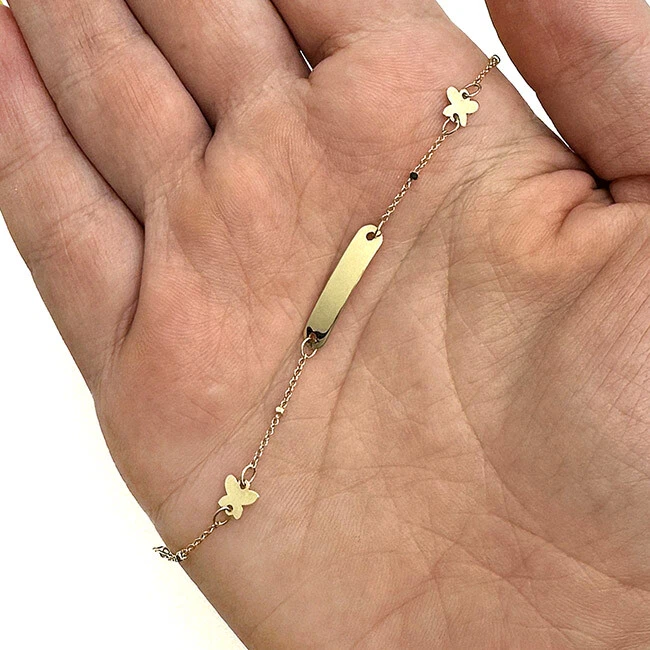 Kids 14K Yellow Gold Custom ID Bar Butterfly Bracelet Solid Links 4.75-5.5" Adj - Image 1 of 4