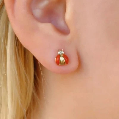 14K Gold Natural Diamond Red Enamel Beetle Studs Earrings-Gifts for Mom🎁 - Image 1 of 4