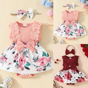 Newborn Baby Girls Floral Sleeveless Romper Dress Bodysuit Outfit Clothes Set - Picture 1 of 21