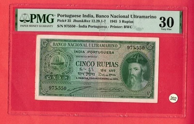 India portuguesa 5 rupias 1945 P# 35 PMG 30 VF Lt 202 Foto 1 de 2