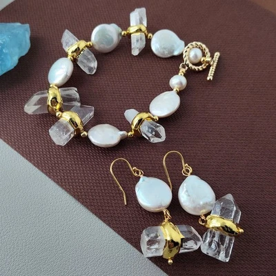 Freshwater Coin Pearl Clear Quartz Beaded Bracelet Earrings Set Party Holiday - Image 1 of 4