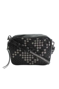 Christopher Kon Womens Leather Woven Zipper Closure Shoulder Handbag Black Grey - Picture 1 of 7