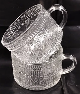 Pair of Vintage Clear Textured Clear Embossed Stackable 12oz Glass Mugs - Picture 1 of 7