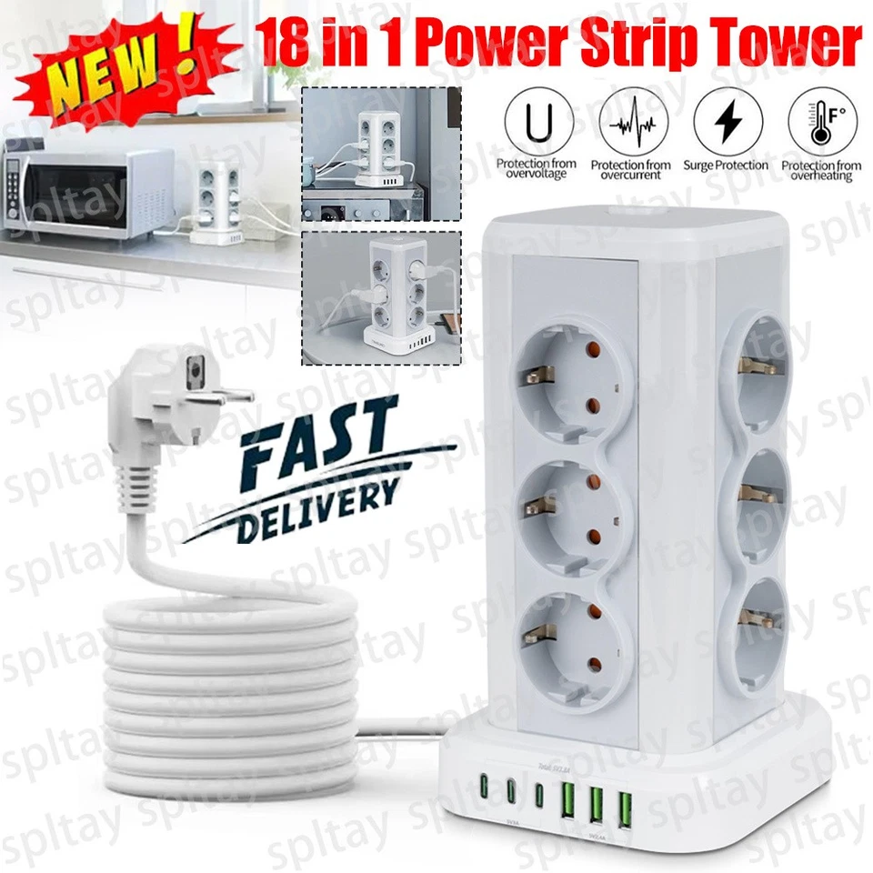 TANBURO 12 Fach Steckdosenleiste Tower Steckdosen Mit 3USB Überspannungsschutz 2M DE