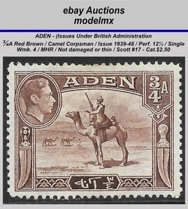 Adén bajo administración británica. - 1939-48, 3/4A rojo marrón, MHR - Scott #17 - Cat. $2,50 - Imagen 1 de 2