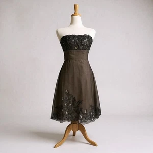 White House Black Market Dress Sz 4 Black Silk Strapless Floral FairyGrunge Y2k - Picture 1 of 13