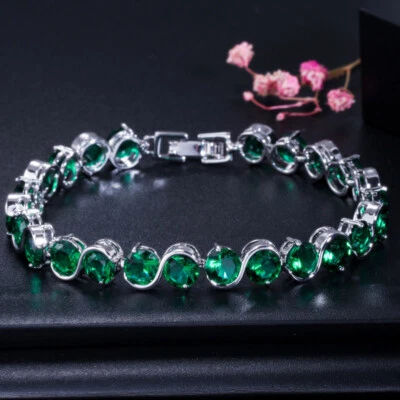 Precioso Brazalete Tenis Azul Redondo Circonita Cúbica Plateado para Mujer Fiesta Foto 1 de 4