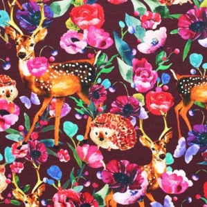 Baumwolljersey Digital Hirsch und Igel 145 cm nähen Jersey bordeaux Tiere Reh - Bild 1 von 1