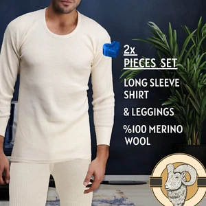 Two Piece Set of Men Long Sleeve Shirt & Leggings - Natural %100 Merino Wool - Picture 1 of 12