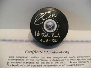 Drew Stafford Autographed Buffalo Sabres Puck COA Inscribed "1st NHL Goal..." - Picture 1 of 1