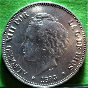 Escasa, ALFONSO XIII, 5 Pesetas, 1893, *18-93 PG-V, MBC+/EBC-, Ag - Imagen 1 de 2