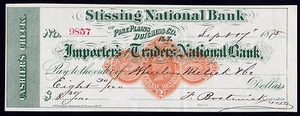 Bank Check, RN-D1, Stissing National Pine Plains Dutchess Co. NY No. 9857 - 1875 - Picture 1 of 2