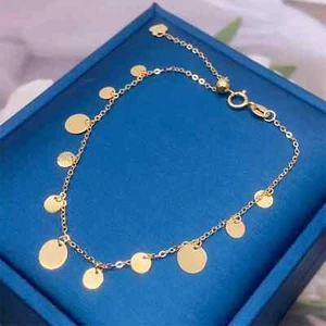Pure 18K Yellow Gold Chain Women Lucky Round Slice Tassel O Link Small Bracelet - Picture 1 of 6