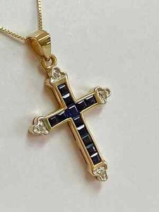 2Ct Princess Cut Blue Sapphire Diamond Cross Pendant 14k Yellow Gold Plated 18" - Imagen 1 de 7