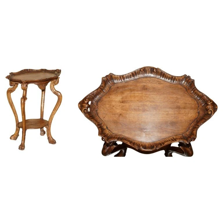 ANTIQUE FRENCH HAND CARVED TEA SILVER TRAY TABLE WITH REMOVABLE SERVING TRAY TOP - Image 1 of 4