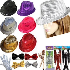 NUEVOS ADULTOS BRILLANTE SOMBRERO LENTEJUELAS BRACKY DICKIE GUANTES DE PAJARITA ELEGANTE VESTIDO - Imagen 1 de 1